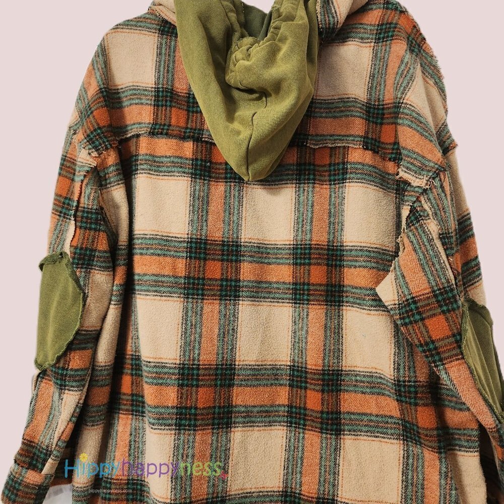 New POL Shacket Jacket Oversized Plaid Hoodie Beige Orange Green NWT - Picture 8 of 8
